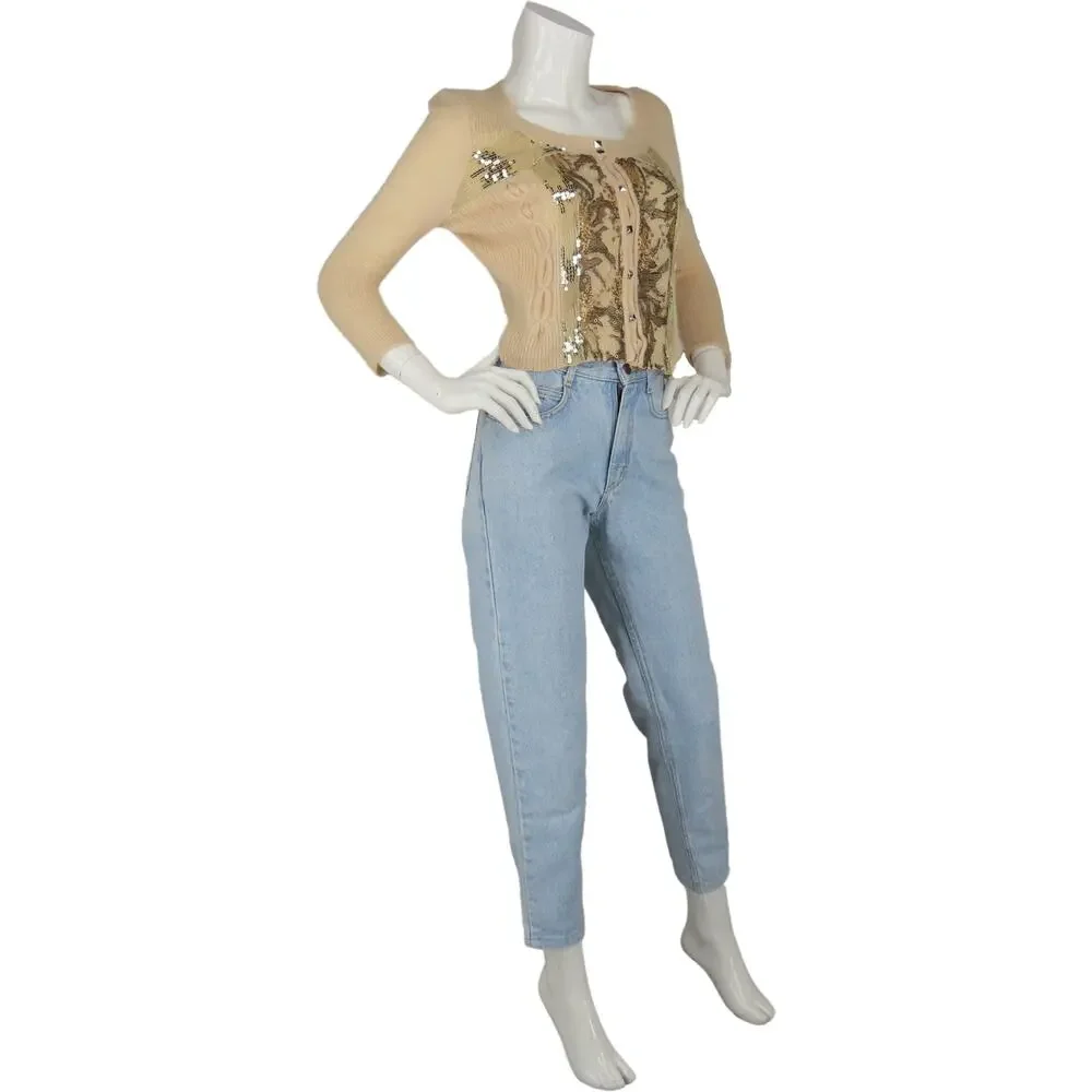 Free People Cropped Pastel Peach Boho Sequins Lace Wool Angora Cardigan Sweater - Picture 4 of 7